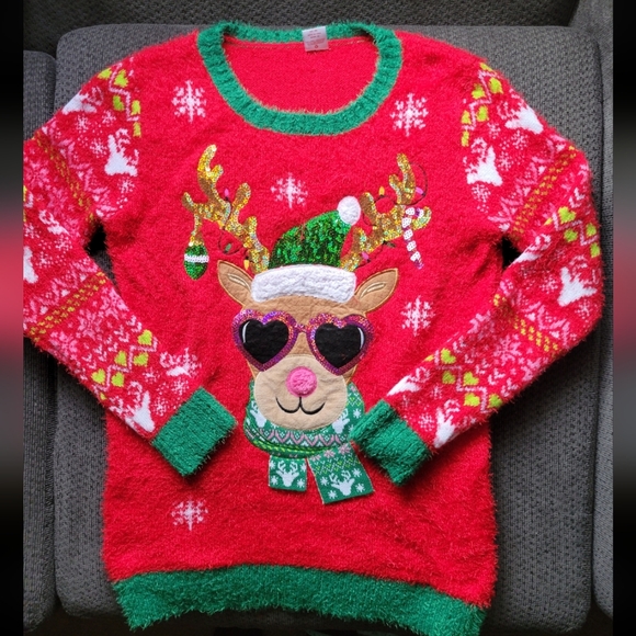 Holiday Time Girls XXL (18) Red Reindeer Christmas Sequin Sweater ! - Picture 1 of 6